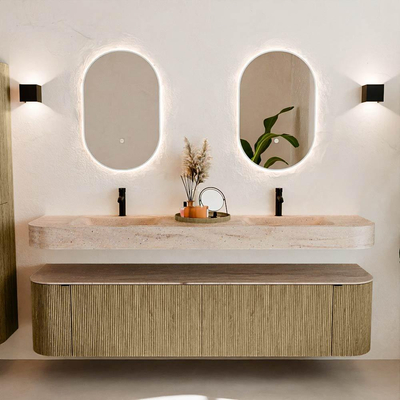 MONDIAZ THOR-DLUX 190cm meuble de salle de bains arrondi gauche + droite couleur Dusk avec 2 tiroirs et 2 portes. Vasque suspendue CLOUD Double 2 trous de robinet couleur Saba.