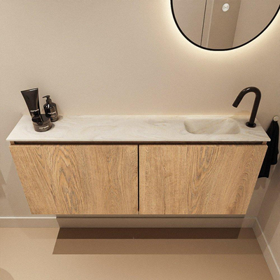 MONDIAZ TURE-DLUX meuble de toilettes 120 cm Washed Oak. EDEN vasque Ostra position à droite. Avec 1 trou de robinet.