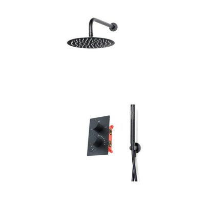 Fortifura Calvi inbouw regendoucheset – Ø25 cm hoofddouche – 35 cm gebogen wandarm – 1-stands staafhanddouche – gladde slang – zwart mat