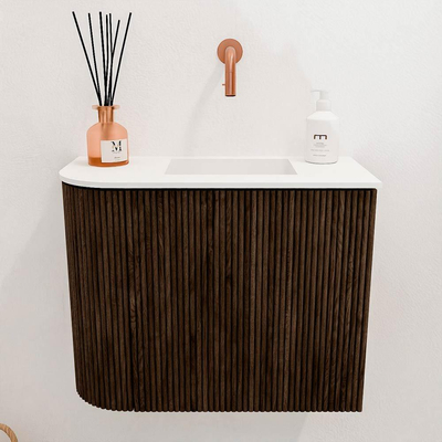 Mondiaz JOYA 51.6cm toiletmeubel - ronding links kleur Walnut - Wastafel FAYE positie Rechts Zonder kraangat kleur Talc.