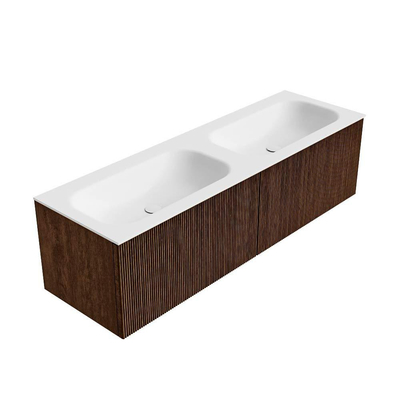 MONDIAZ KURVE 150cm badmeubel kleur Walnut met 2 lades. Wastafel BIG SMALL dubbel zonder kraangat Talc.