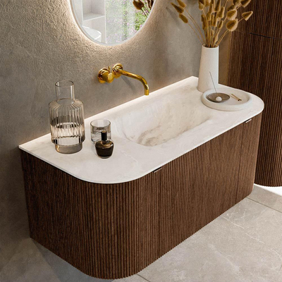 MONDIAZ KURVE-DLUX 100cm badmeubel met module 25 Len R kleur Walnut met 1 lade en 2 deuren. Wastafel GRUNNE midden zonder kraangat kleur Frappe.