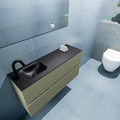 MONDIAZ ADA Meuble de toilettes - 100x30x50cm - 1 trou de robinet - 2 tiroirs - army mat - lavabo à gauche - Solid surface - Noir