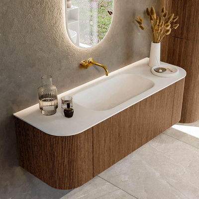 MONDIAZ KURVE 140cm Meuble salle de bain avec module 25 G et D - couleur Walnut - 1 tiroir - 2 portes - vasque BIG SMALL centre - sans trous de robinet - Talc