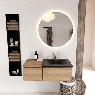 MONDIAZ BUKLA meuble de salle de bain 100cm avec module 40 couleur Chêne blanchi avec 2 tiroirs. Lavabo CLOUD à droite 1 trou de robinet couleur Urbaine.