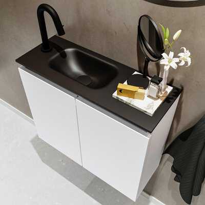 MONDIAZ TURE Fonteinset - 60x23x50cm - 1 kraangat - 2 deuren - talc mat - Wasbak links - Solid Surface Zwart