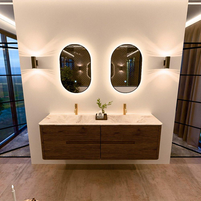 Mondiaz CIRO-DLUX Badkamermeubelset - 160x45x50cm - Solid surface wastafel Frappe - 2 wasbak Dubbel - 2 kraangaten - 4 lades - Dusk
