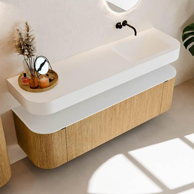 MONDIAZ THOR 160cm meuble de salle de bains arrondi gauche + droite couleur Oak avec 1 tiroir et 2 portes. Vasque suspendue CLOUD droite sans trou de robinet couleur Talc.