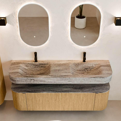 MONDIAZ THOR-DLUX 160cm badmeubel ronding links + rechts kleur Oak met 1 lade en 2 deuren. Vrijhangende wastafel CLOUD Dubbel 2 kraangaten kleur Oza.