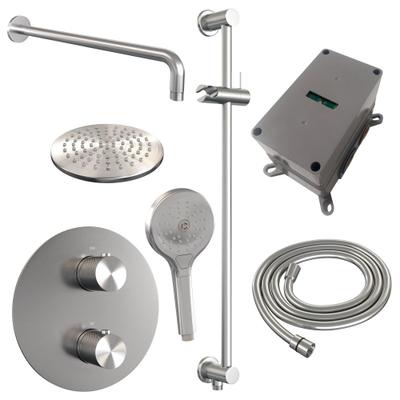 BRAUER Douche à l'italienne thermostatique à encastrer Carving brossé - 3 voies - rond - set 93 - douche principale de 20 cm - bras mural courbé - douchette à main 3 positions - flexible de douche - barre de douche intégrée - inox brossé PVD