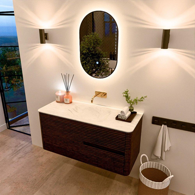 Mondiaz CIRO-DLUX Badkamermeubelset - 110x45x50cm - Solid surface wastafel Opalo - 1 wasbak Midden - zonder kraangaten - 2 lades - Walnut