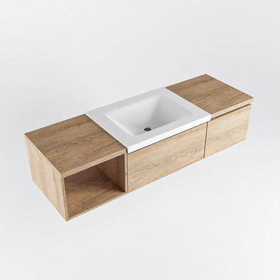 MONDIAZ BUKLA 140cm ensemble de meuble avec module ouvert 40 gauche couleur Chêne blanchi avec 2 tiroirs. Lavabo CLOUD centre 0 trous de robinet couleur Talc.