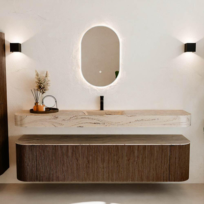 MONDIAZ THOR-DLUX 190cm badmeubel ronding links + rechts kleur Walnut met 2 lades en 2 deuren. Vrijhangende wastafel CLOUD Midden 1 kraangat kleur Arena.