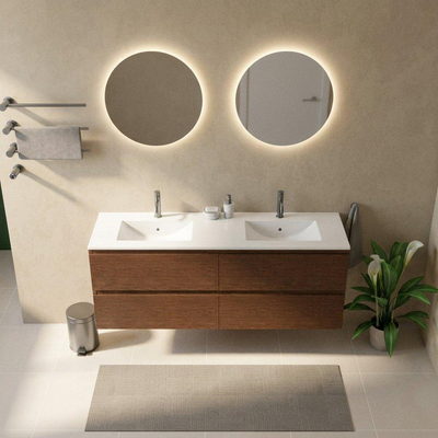 Saniclass Holz Pure Ensemble meuble de salle de bains - 160x45x62cm - lavabo Vygo en céramique blanc - 2 vasques - 2 trous de robinetterie - 4 tiroirs - noyer pure mat (bois)