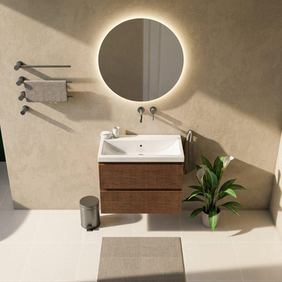 Saniclass Holz Atelier Ensemble de meuble de salle de bains - 80x45x63.5cm - lavabo en céramique Bari blanc - 1 vasque - sans trou de robinet - 2 tiroirs - walnut pure mat (bois)