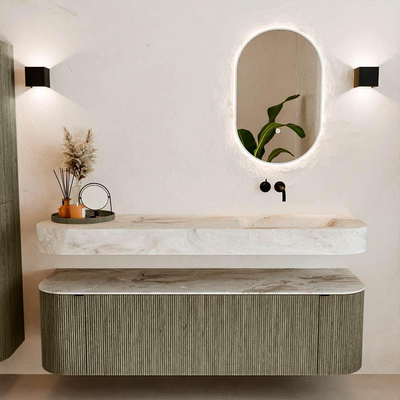 MONDIAZ THOR-DLUX 160cm meuble de salle de bains arrondi gauche + droite couleur Shadow avec 1 tiroir et 2 portes. Vasque suspendue CLOUD Droite sans trou de robinet couleur Frappe.