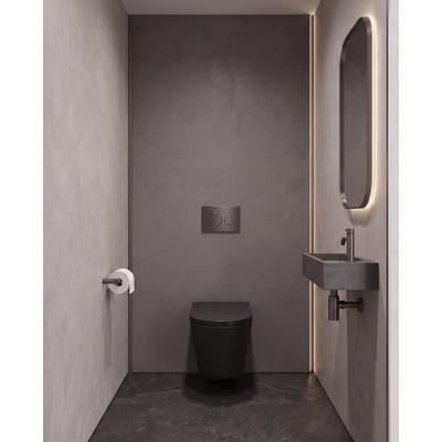 QeramiQ Dely Toiletset - 36.3x51.7cm - diepspoel - rimless - Geberit UP320 inbouwreservoir - met Burda frame - softclose toiletzitting - gunmetal bedieningsplaat - ronde knoppen - mat zwart