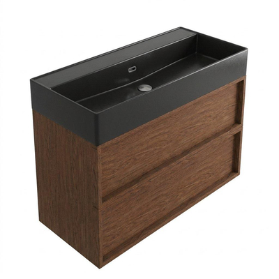 Saniclass Holz Frame Ensemble de meubles de salle de bains - 100x45x72cm - Vasque Legend en céramique noir mat - 1 vasque - sans trou de robinetterie - 2 tiroirs - walnut pure mat (bois)