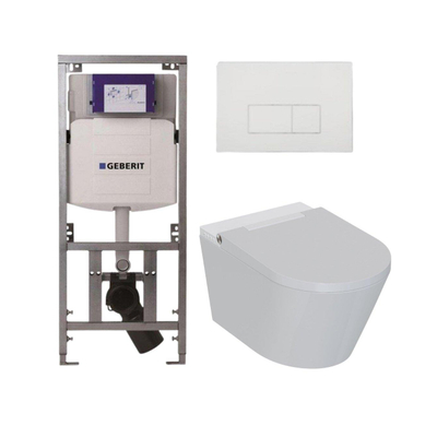 QeramiQ Luma Douche WC Set - Geberit UP320 inbouwreservoir - met Burda frame - fohn - ladydouche - glans witte kunststof bedieningsplaat - rechthoekige knoppen - glans wit