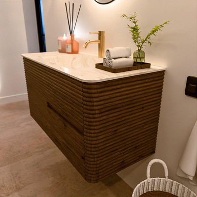 Mondiaz CIRO-DLUX Badkamermeubelset - 100x45x50cm - Solid surface wastafel Ostra - 1 wasbak Midden - 1 kraangat - 2 lades - Dusk