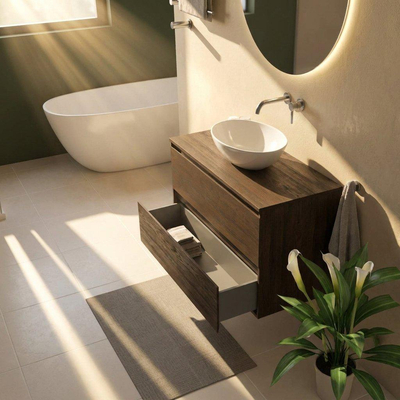 Saniclass Holz Pure Ensemble de meubles de salle de bains - 100x45x62cm - plan de travail en bois - sans trou de robinetterie - 2 tiroirs - chêne charcoal mat (bois)