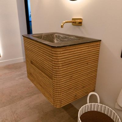 Mondiaz CIRO-DLUX Meuble de salle de bains - 70x45x50cm - lavabo solid surface Lava - 1 vasque au milieu - sans trous de robinet - 2 tiroirs - Chêne