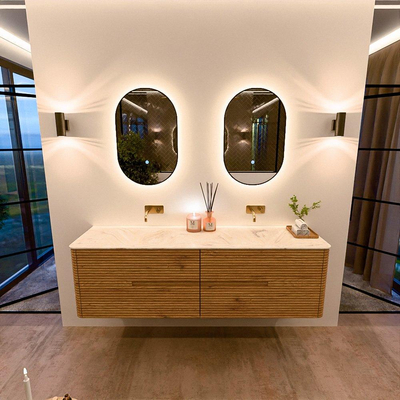 Mondiaz CIRO-DLUX Meuble de salle de bains - 170x45x50cm - Plan vasque Solid surface Ostra - 2 vasques Double - sans trous de robinetterie - 4 tiroirs - Chêne