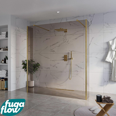 FugaFlow Eccelente Vetro Douche à l'italienne libre dans la salle de bain - 180x200cm - Verre fumé - anti-calcaire - verre de sécurité 8mm - 2 parois latérales 30cm - avec bras muraux et profils d'angle - Laiton brossé (or) -