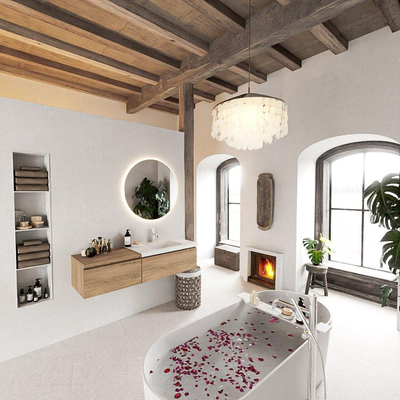 MONDIAZ BUKLA meuble de salle de bain 140 cm avec module 60 couleur Chêne blanchi avec 2 tiroirs. Lavabo CLOUD à droite 1 trou de robinet couleur Talc.