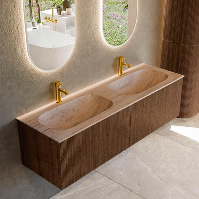 MONDIAZ KURVE-DLUX meuble de salle de bains 150cm couleur Walnut avec 2 tiroirs et 0 porte. Lavabo STOR SMALL Double 2 trous de robinet Saba.