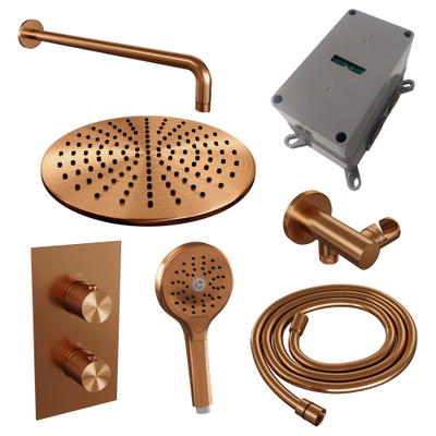 Ensemble de douche pluie encastré Brauer Copper Carving - douche principale 30 cm - bouton Carving - douchette ronde 3 positions - PVD - cuivre brossé