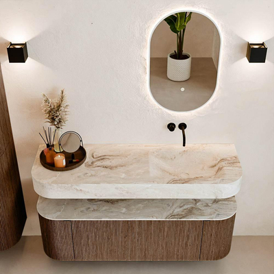 MONDIAZ THOR-DLUX 140cm meuble de salle de bains arrondi gauche + droite couleur Walnut avec 1 tiroir et 2 portes. Vasque suspendue CLOUD droite sans trou de robinet couleur Frappe.