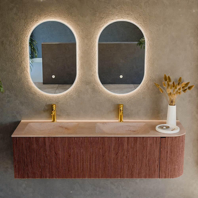 MONDIAZ KURVE-DLUX Meuble de salle de bains 155cm arrondi à droite couleur Ruby avec 2 tiroirs et 1 porte. Lavabo LEAF Double / Gauche 2 trous de robinet Saba.