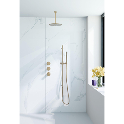 Fortifura Nebbio Regendoucheset - inbouwkraan - inbouwdeel - glijstang - doucheslang metaal - staaf handdouche - 20cm plafondarm - ronde hoofddouche - PVD - geborsteld messing (goud)