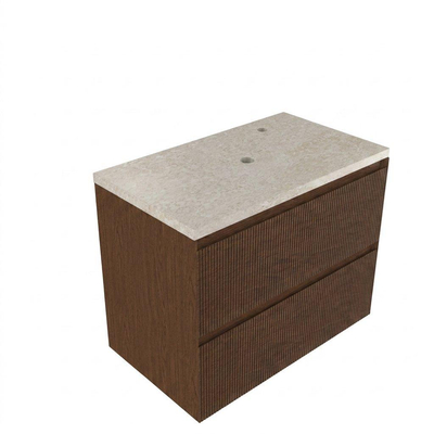 Saniclass Holz Atelier Ensemble de meubles de salle de bains - 80x45x63cm - Plan de travail en pierre naturelle travertin - 1 trou de robinet - 2 tiroirs - noyer pur mat (bois)