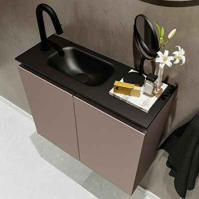 MONDIAZ TURE Toiletmeubel 60x23x50cm met 1 kraangaten 2 deuren smoke mat Wastafel Eden links Solid Surface Zwart