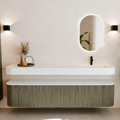 MONDIAZ THOR Meuble de salle de bains 200cm arrondi gauche + droite couleur Shadow avec 2 tiroirs et 2 portes. Vasque suspendue CLOUD Droite 1 trou de robinet couleur Talc.