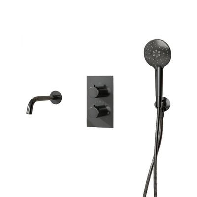 Fortifura Calvi Badkraan set - uitloop - 22cm inkortbaar - metalen slang - ronde handdouche - inbouwdeel - wandhouder - PVD - geborsteld gunmetal (antraciet)