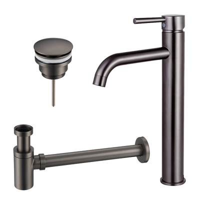 FortiFura Calvi Kit mitigeur lavabo - robinet rehaussé - bonde clic clac - siphon design bas - PVD Gunmetal