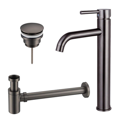Fortifura Calvi Wastafelkraanset - verhoogde wastafelkraan - klikwaste plug - verlaagde design - sifon - PVD - geborsteld gunmetal (antraciet)