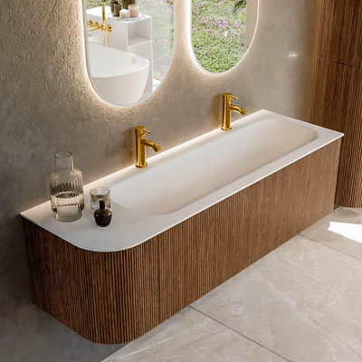 MONDIAZ KURVE 145cm Meuble salle de bain avec module 25 G - couleur Walnut - 1 tiroir - 1 porte - vasque BIG LARGE droite - 2 trous de robinet - Talc