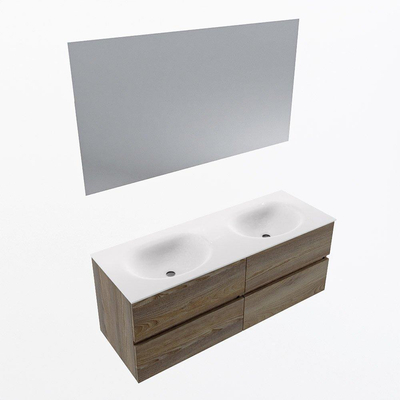 Mondiaz VICA ensemble de meuble de salle de bain - 130cm - meuble sous-vasque marron foncé gris - 4 tiroirs - lavabo lune double - sans trous de robinet - couleur talc - miroir LED - version XL 60cm de haut