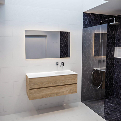 ENSEMBLE DE MEUBLE MONDIAZ VICA - 120cm - 2 tiroirs - lavabo Moon à droite - 0 trous de robinet - solid surface chêne blanchi