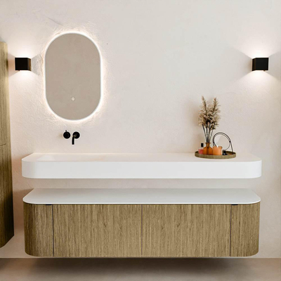 MONDIAZ THOR Meuble de salle de bains 180cm arrondi gauche + droite couleur Dusk avec 2 tiroirs et 2 portes. Vasque suspendue CLOUD Gauche sans trou de robinet couleur Talc.