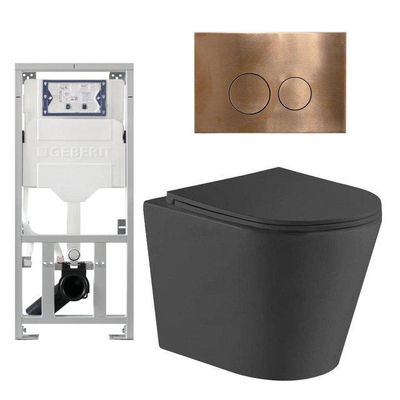 QeramiQ Dely Ensemble WC - 36.3x51.7cm - chasse profonde - sans rebord - réservoir encastré Geberit UP320 - avec châssis Burda - abattant WC softclose - plaque de commande en cuivre - boutons ronds - noir mat