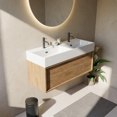 Saniclass Holz Frame Ensemble meuble de salle de bains - 120x45x52cm - Legend lavabo en céramique blanc - 2 vasques - 2 trous de robinetterie - 1 tiroir - chêne natural mat (bois)