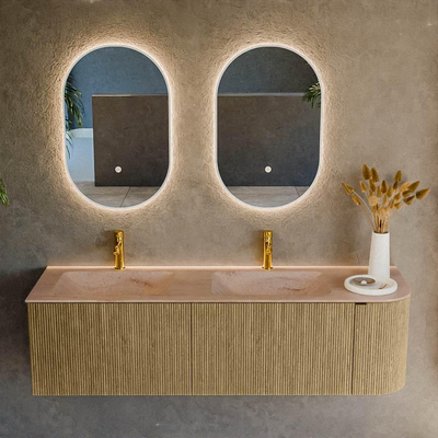MONDIAZ KURVE-DLUX 155cm badmeubel ronding Rechts kleur Dusk met 2 lades en 1 deur. Wastafel LEAF Dubbel / Links 2 kraangaten Saba.