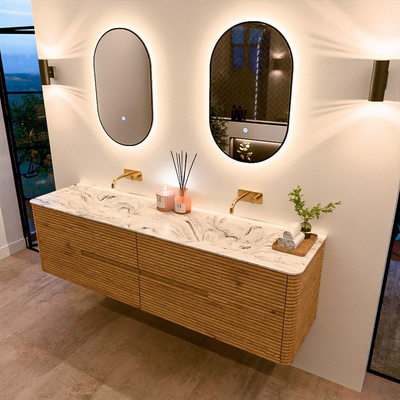 Mondiaz CIRO-DLUX Meuble de salle de bains - 180x45x50cm - Plan vasque solid surface Glace - 2 vasques Double - sans trous de robinet - 4 tiroirs - Chêne