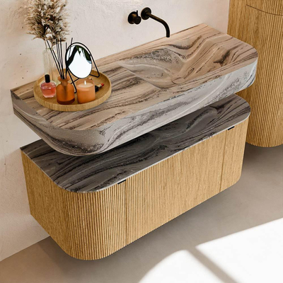 MONDIAZ THOR-DLUX 110cm meuble de salle de bains arrondi gauche + droite couleur Chêne avec 1 tiroir et 2 portes. Vasque suspendue CLOUD droite sans trou de robinet couleur Sombra.