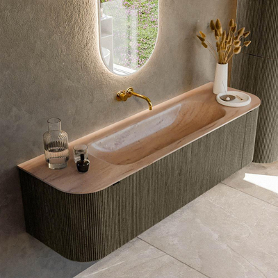 MONDIAZ KURVE-DLUX Meuble de salle de bains 160cm arrondi Gauche + Droite couleur Shadow avec 1 tiroir et 2 portes. Lavabo BIG MEDIUM Centre sans trou de robinet Saba.